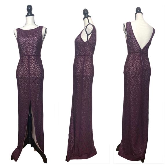 Alice + Olivia Gemma Maxi Plum Lace Overlay Floor Length Front Slit Back Plunge - Picture 1 of 14